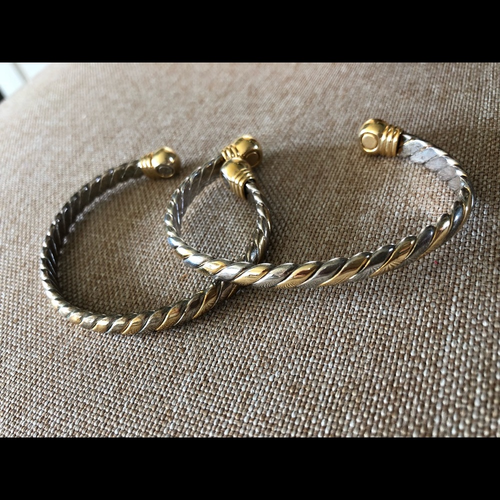 Two cuff bracelets silver and gold tone